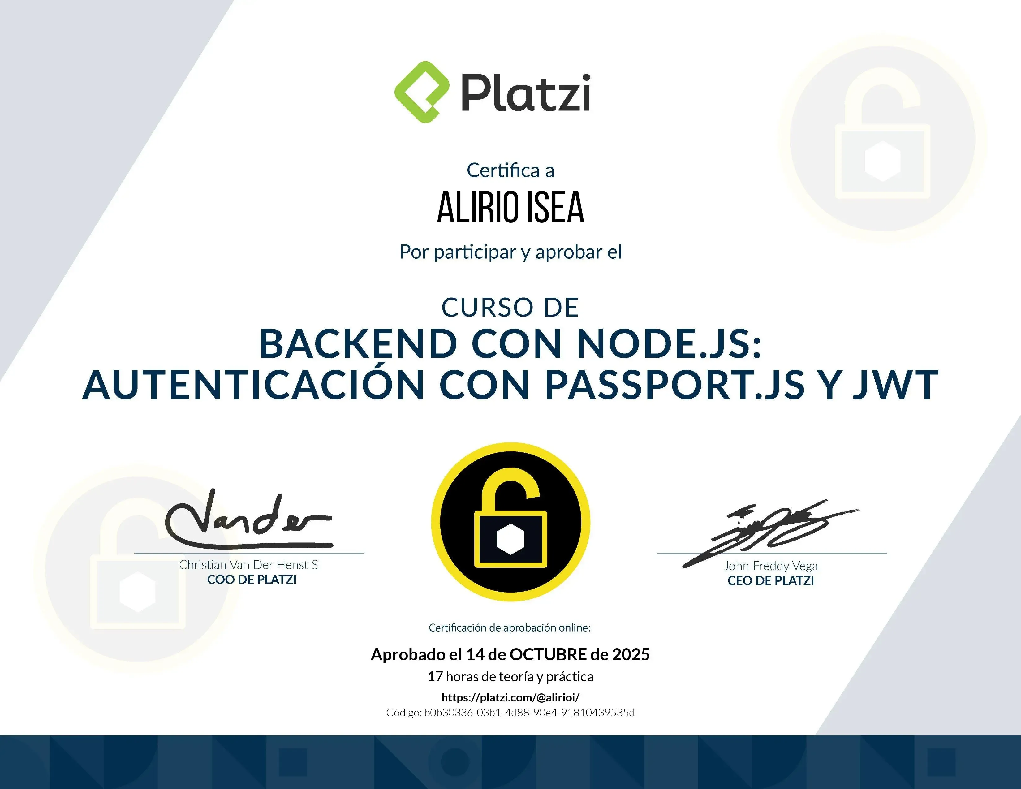 Certificado del Curso de Backend con Node.js: Autenticación con Passport.js y JWT